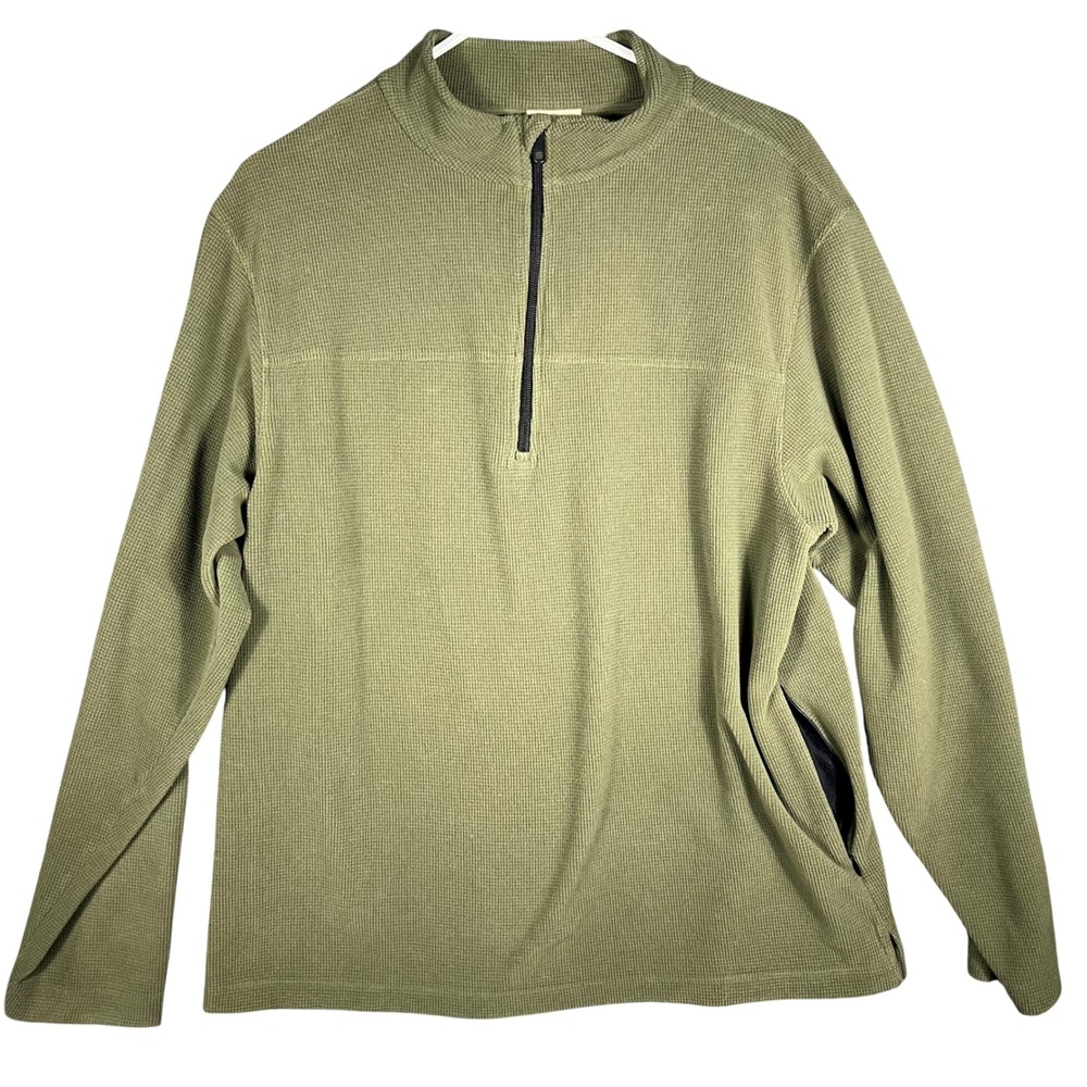 L.L. Bean Quarter Zip Pullover Mens M Olive Green Waffle Knit Textured Mock Neck